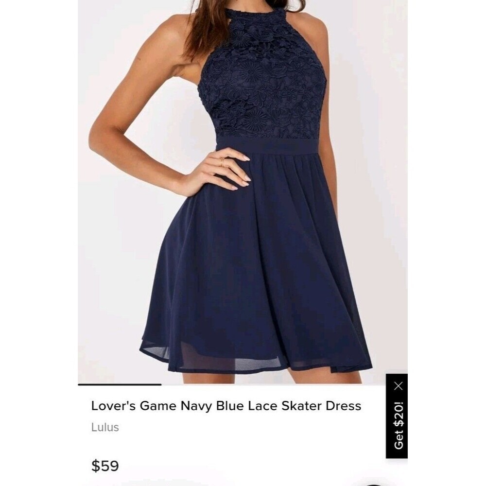 NEW Lulus Lover's Game Navy Lace Skater Dress XS Romantic Coquette Halter F3.1